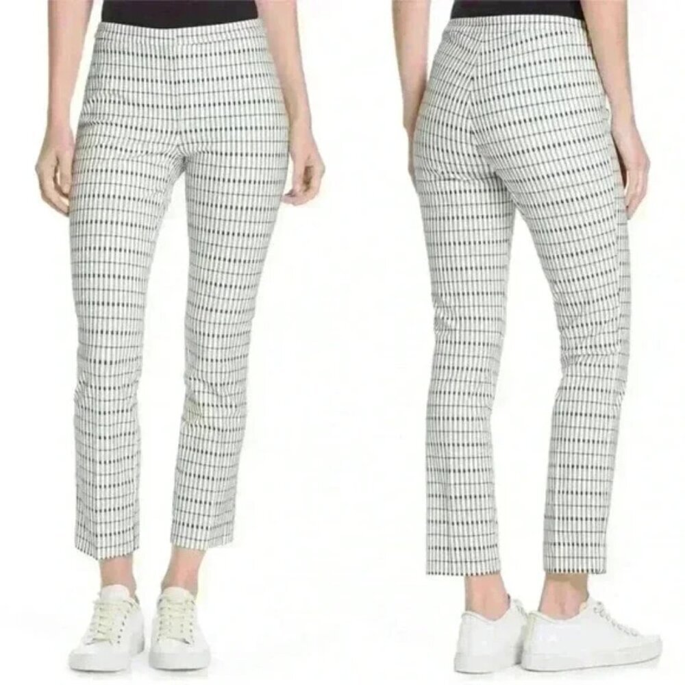 Theory Pants 8 Classic Skinny Plaid Grid Viscose Stretchy‎ Ivory Black Green